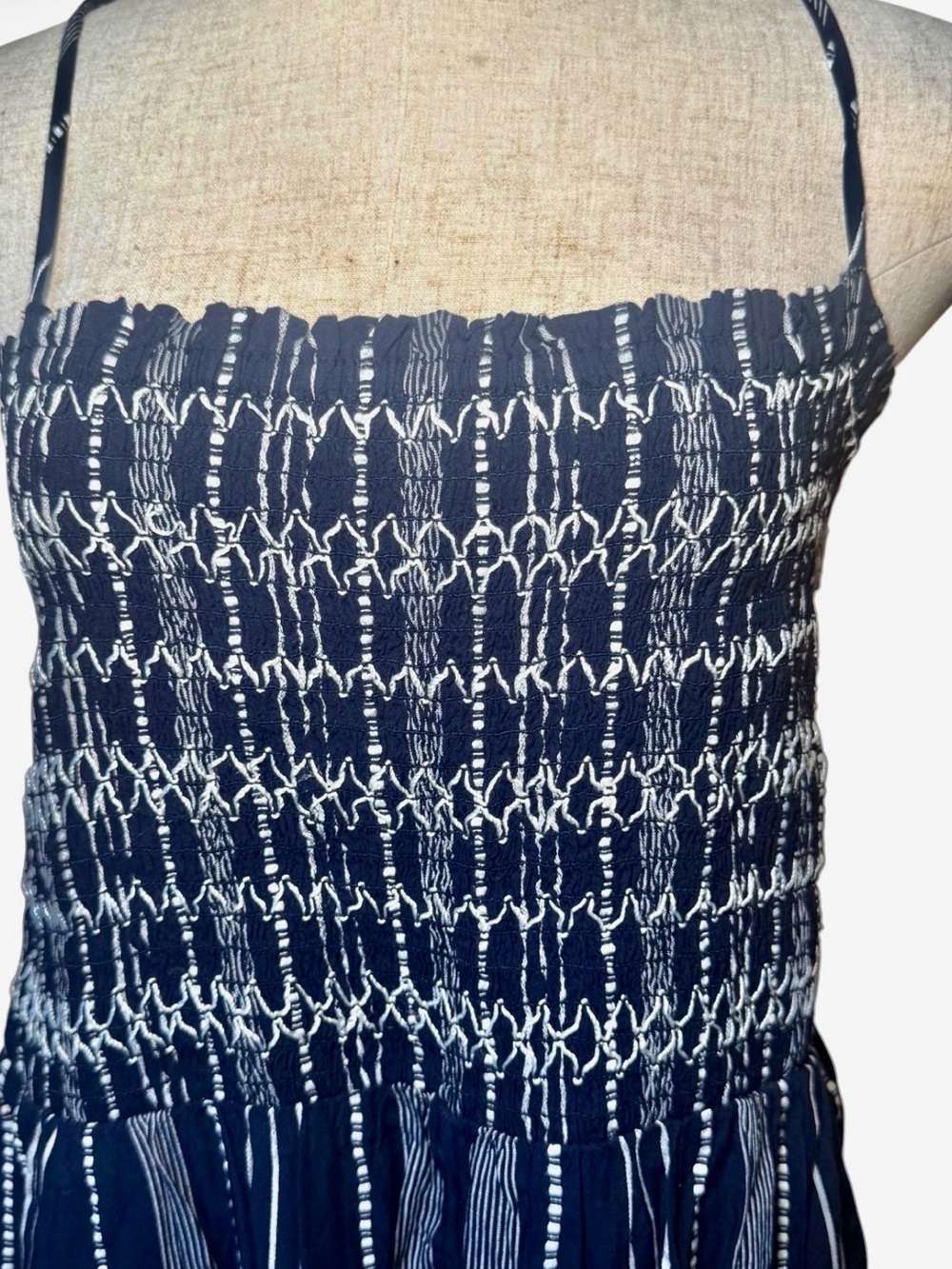 LOFT Navy Blue and White Smocked Jumpsuit Romper